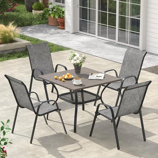 VICLLAX Square Patio Dining Set for 4, Metal Slatted Patio Table with Umbrella Hole and Stackable Patio Chairs for Deck Lawn Garden, Grey Fabric and Antique Grey Tabletop