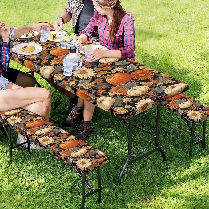 Pumpkin Picnic Table Cover with Bench Covers, Fall Harvest Fitted Table Cover, Outdoor Patio Camping Essentials 3PCS Waterproof Camping Fitted Tablecloth for Thanksgiving