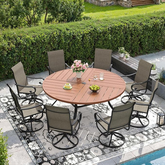 DIFY 9 Piece Outdoor Dining Set for 8, 59.8" Walnut Round Metal Dining Table with Umbrella Hole and Swivel Patio Chairs with Brown Textilene Fabric, Patio Table and Chairs Set for Garden Backyard Deck