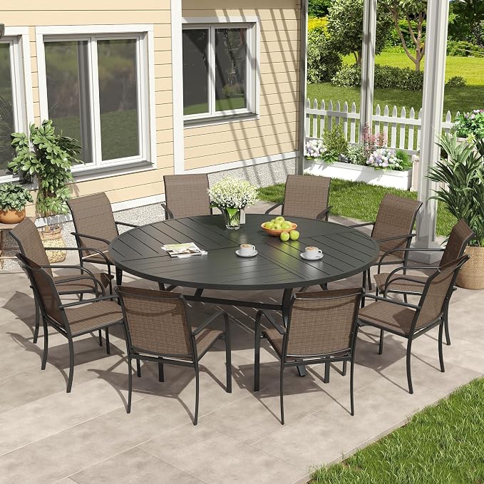 VICLLAX 11 Pieces Patio Outdoor Dining Set, 63" Round Metal Table with Umbrella Hole and 10 Stackable Textilene Chairs for Patio, Lawn, Garden, Porch, Black/Brown