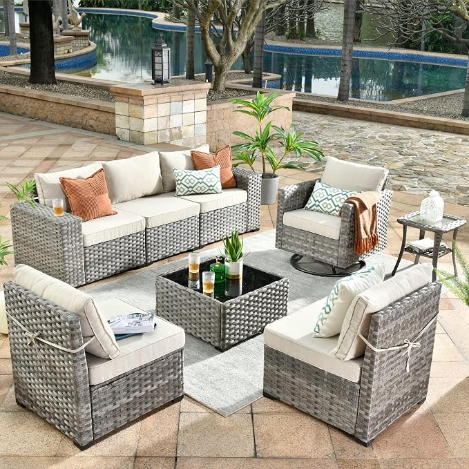 HOOOWOOO Outdoor Patio Sectional Furniture Sofa Set with Swivel Rocking Chair,8 Piece Modern Wicker Couch with Widened Armrest,Modular Conversation Seating Set for Garden(Beige Tan)