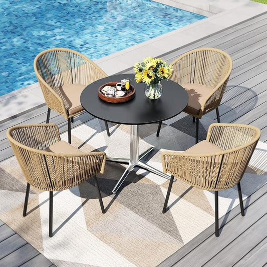 PHI VILLA 5-Piece Patio Dining Set, 30" Round Table, Wicker Chairs | Outdoor dining set for 4, Metal table with umbrella hole, Cushioned brown wicker chairs. Modern design for patio, deck, porch