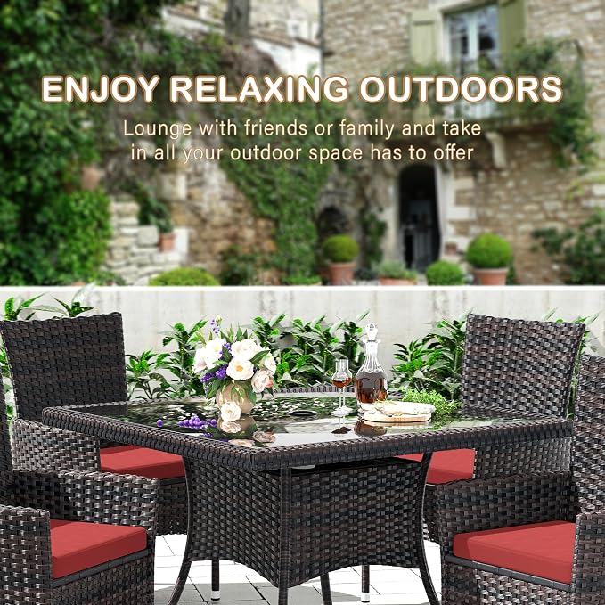 15 Pieces Outdoor Patio Dining Set,Patio Table and Chairs Rattan Outdoor Patio Furniture Set with Umbrella Hole,Dining Table Set for 12 with Chairs for Backyard,Garden and Kitchen,Red
