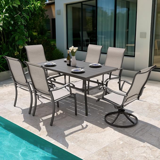 NUU GARDEN 7-Piece Outdoor Dining Table Set, All Weather Table with Umbrella Hole & 6 Patio Textilene Chairs - Outdoor Furniture for Porch, Backyard, Garden, Poolside and Deck