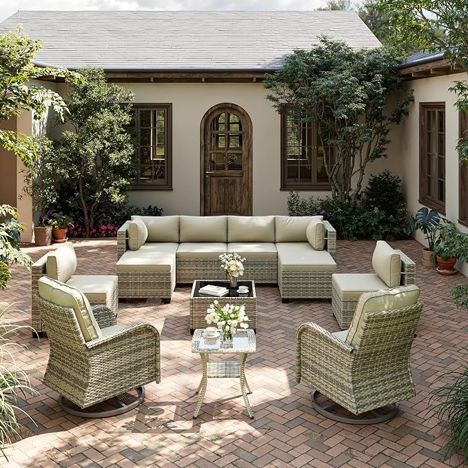 12-Piece Patio Furniture Set, Outdoor Patio Furniture with Swivel Chairs Set, Ottomans, Modular Patio Sofa, Dual-Strand Wicker Rattan, Rust-Resistant Frame, Ivory