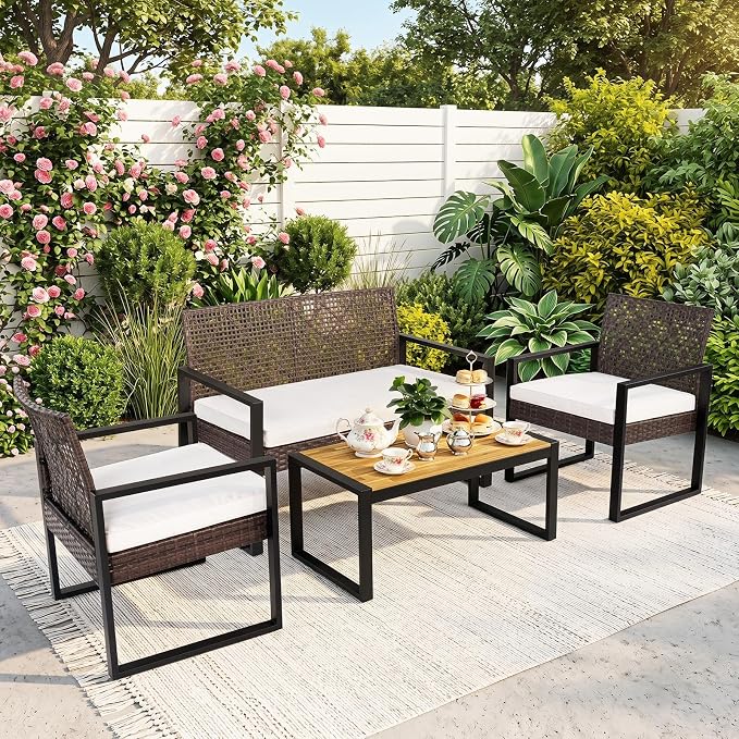 Tangkula 4-Piece Patio Conversation Set, Outdoor Furniture Set w/2 Single Chairs, Cushioned Loveseat & Acacia Wood Coffee Table, PE Wicker Seating Set w/Metal Frame & Adjustable Feet for Yard (Brown)