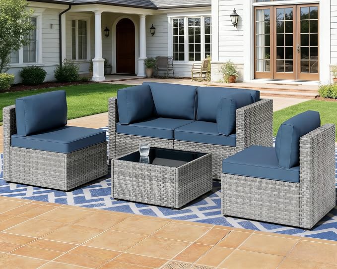 MOCHITO 5 Pcs Outdoor Patio Furniture Sets Grey Rattan Blue Cushions | All-Weather Sectional Sofa, with Glass Table, PE Rattan Wicker Patio Furniture , Washable Cushions, for Balcony Porch Garden