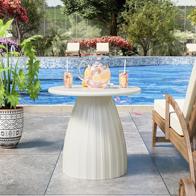 Round Small Patio Side Table Set of 2, Metal Steel Outdoor Side Table, Patio Accent End Table for Garden, Pool, Deck, Balcony, Yard, Living Room, White, Weather Resistant, No Assembly