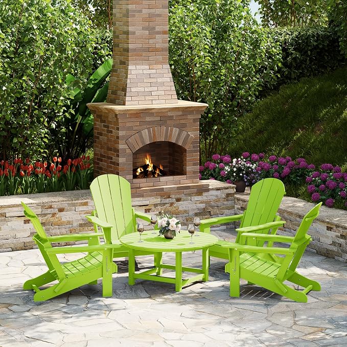 Costaelm Patio Conversation Set, 5 piece Balcony Furniture, Small Patio Firepit Furniture Outdoor Adirondack Round Coffee Table and Chair for Backyard Lawn Porch Pool Garden, Lime