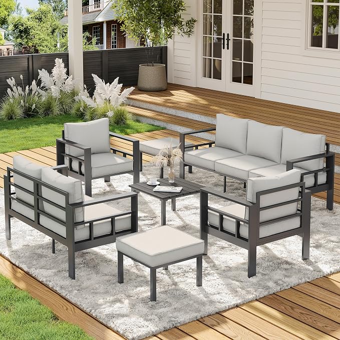 UDPATIO Aluminum Outdoor Furniture Set with 2 Ottomans, 7 Pieces All-Weather & UV-Resistant Patio Sectional Sofa Set for Deck, Backyard, Poolside, Light Gray