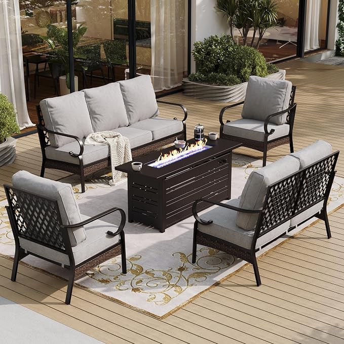 SUNSHINE VALLEY 5 PCS Metal Outdoor Patio Furniture Sets with Firepit Table, Patio Conversation Sets 1 3-Seater Sofa, 1 2-Seater Loveseat, 2 Single Sofa with 5.75" Cushion for Backyard, Light Gray