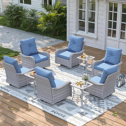 9 Piece Wicker Patio Furniture Set, Swivel Rocking Chairs with 4''Cushions, PE Rattan, Rust Resistant Frame, Double Layer Glass Side Table, for Backyard, Deck or Balcony, Navy
