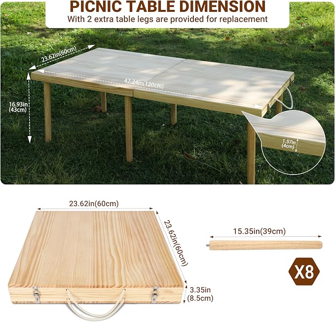 Boho Wooden Low Picnic Table, Portable Foldable Beach Picnic Table for 6 People to Beach, BBQ, Camping, Party, Garden, Outdoor, Indoor (47" x 23")