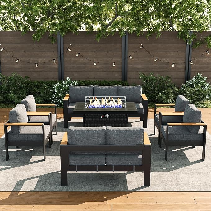 LayinSun 7 Piece Aluminum Outdoor Furniture Set with Fire Pit Table, Outside Patio Deep Seating Conversation Set with Upgraded Washable Thick Cushion