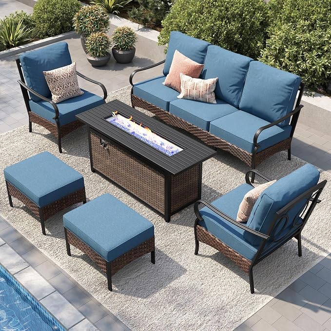 PHI VILLA Patio Furniture Set with 56" Fire Pit Table, Metal Frame Outdoor Conversation Sets, Wicker Patio Sectional Sofa Set with Ottomans for Porch, Deck, Poolside(6 Pieces, Navy)