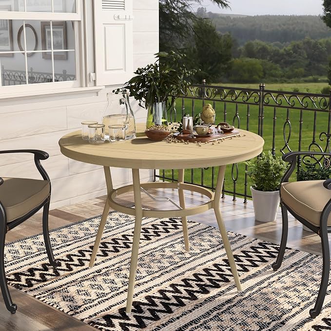 24/7 Shop at Home Cato Modern Aluminum 40 in. Outdoor Round Bistro Table with Umbrella Hole for Outdoor Kitchen, Patio, Pool Area, Natural Brown