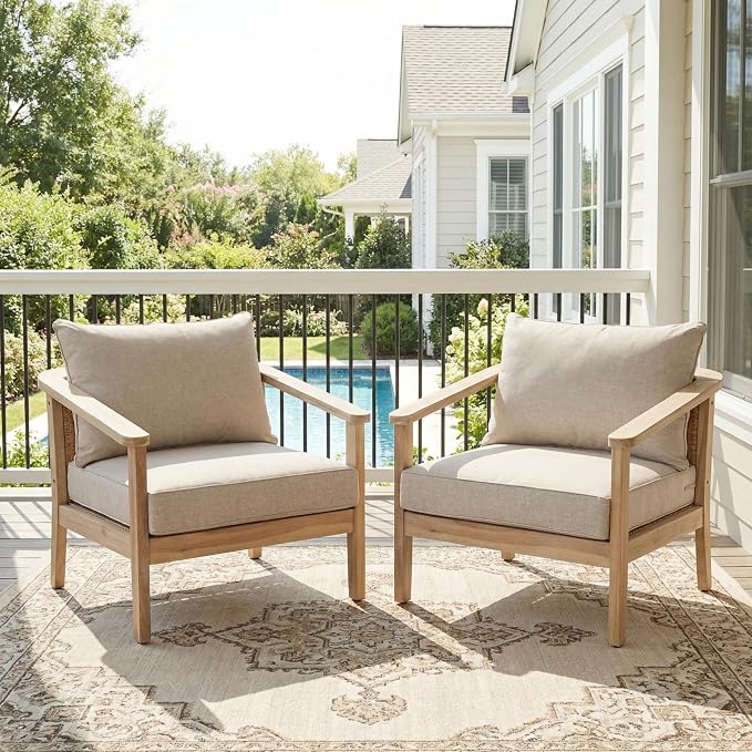 Merax 2 Piece Outdoor Acacia Wood and Wicker Club Chair, Light White Finish with Beige Cushion, Patio Garden Armchair