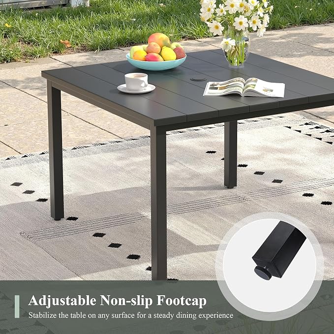 5 Pieces Outdoor Dining Set, 40.2" Square Table with Umbrella Hole & Stackable Patio Dining Chairs, Patio Table and Chairs Set for Deck Garden Porch, Brown Chairs & Black Table