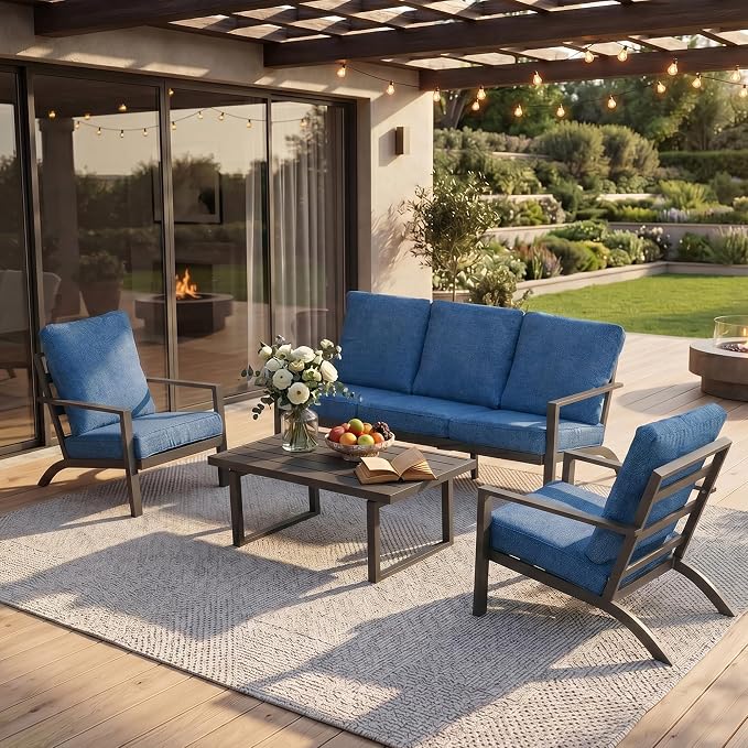 Aluminum Patio Furniture Set With Height-Adjustable Coffee Table, 4-Piece Patio Lounge Set With 5-Inch Washable Thickened Cushions, Outdoor Couch Sectional Suitable For Poolside Balconies Garden, Blue