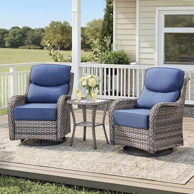 Luxury Outdoor Swivel Rocker Patio Chairs-3 Piece Wicker Patio Rocking Chairs Set of 2 with Glass Side Table 6" Thick Cushions High Back Outdoor Furniture Sets for Deck Porch Balcony(Grey/Blue)