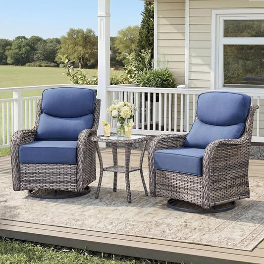 Luxury Outdoor Swivel Rocker Patio Chairs-3 Piece Wicker Patio Rocking Chairs Set of 2 with Glass Side Table 6" Thick Cushions High Back Outdoor Furniture Sets for Deck Porch Balcony(Grey/Blue)