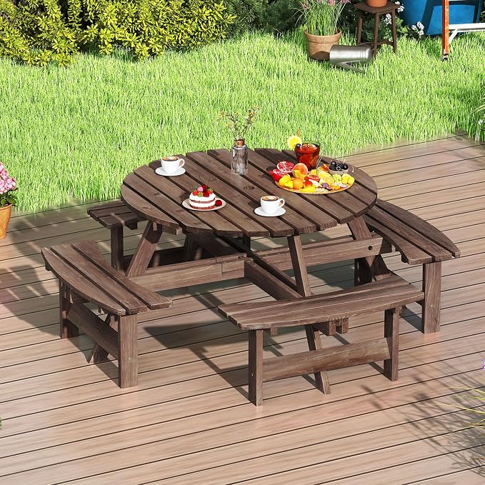 Giantex 8-Person Round Picnic Table Set with 4 Benches, 550 LBS Bench Capacity, 2" Umbrella Hole, Circular Outdoor Wood Dining Table & Chairs for Patio Yard Garden Porch Deck (71”x71”x28”,Brown)