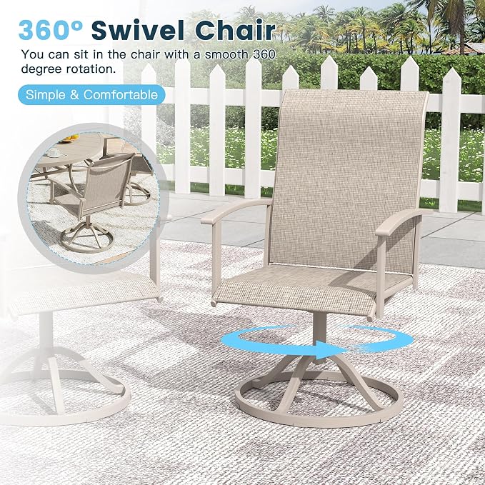 7 Pieces Outdoor Patio Dining Table Set, 50" All Weather Round Metal Table with Umbrella Hole and 6 High Back Textilene Swivel Chairs for Garden, Lawn, Poolside, Sandshell