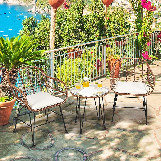 DORTALA 3 Piece Patio Bistro Set, Outdoor Wicker Furniture with Round Tempered Glass Top Table & 2 Rattan Armchairs, Cushions, Conversation Set for Porch, Backyard, Garden, White
