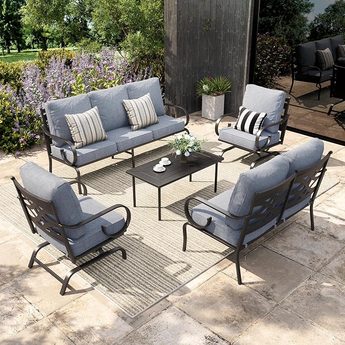 Sophia & William Patio Conversation Set for 7, 1 Loveseat, 3-Seater Sofa, 2 Rocking Chairs and a Coffee Table, Metal Outdoor Furniture with 5.75" Extra Thick Cushions, Grey