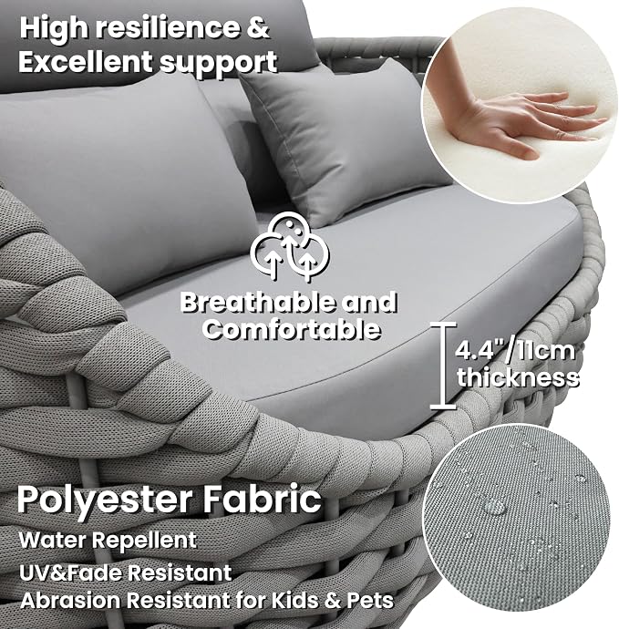 Woven Rope Patio Sofa Furniture Set of 4: Aluminum All Weather Outdoor Conversation Set, Couch Armchair and Loveseat Set with Table Cushions for Deck Porch Poolside Garden Backyard Hotel - Gray