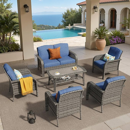 6 PCS Outdoor Patio Furniture Set with Glass Table, All-Weather Rattan Wicker Outdoor Conversation Set with Thickened Cushions for Balcony Backyard Garden Lawn,Blue