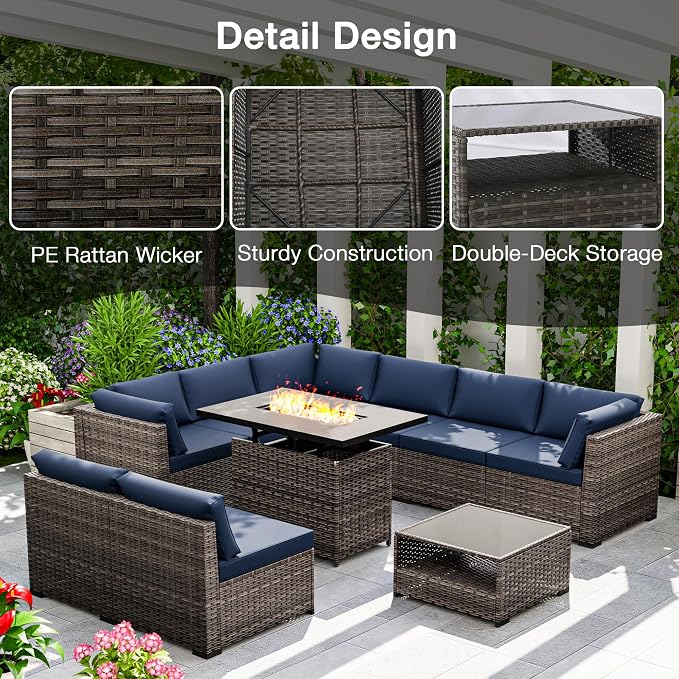 Joyside 10-Piece Patio Furniture Set, Rattan Outdoor Sectional Wicker Patio Conversation Set with Cushions and Coffee Table
