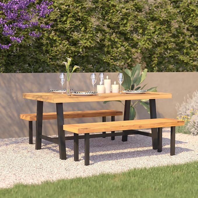 Flash Furniture Rafe Commercial Grade Acacia Wood Dining Table with Metal Base, Indoor/Outdoor Rectangle Patio Table with Plank Style Table Top, Natural/Black