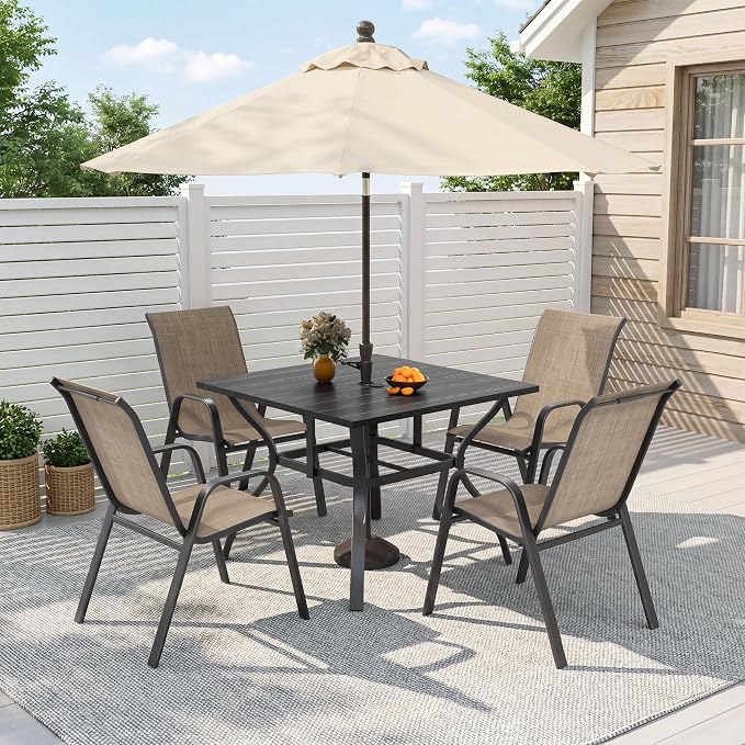 Outdoor Dining Set for 4, Patio Metal Table and Chairs Set with 1.97'' Umbrella Hole, 5pcs Patio Furniture Set 37.8”x37.8” Dining Table Set with Stackable Chairs for Backyard Pool Deck