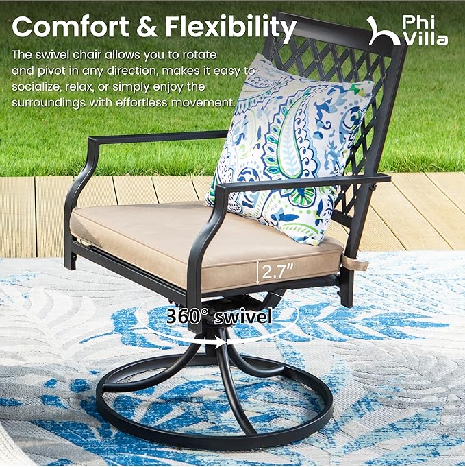 PHI VILLA 7 Pcs Outdoor Dining Set, 54" Round Table w/Umbrella Hole | 54" wrought iron table w/ umbrella hole &6 swivel chairs w/ cushions . Weather-resistant e-coated frame.Perfect for patio