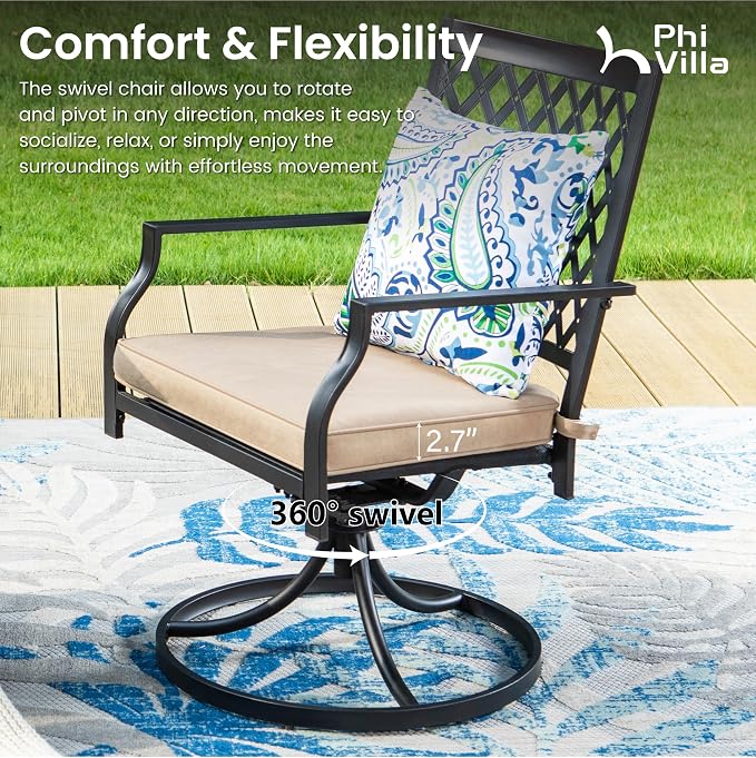 PHI VILLA 7 Pieces Outdoor Dining Set for 6, 59" Rectangle Wrought Iron Table with Umbrella Hole & Swivel Fixed Chairs with Cushions, Modern Metal Furniture for Patio, Deck, Yard, Porch