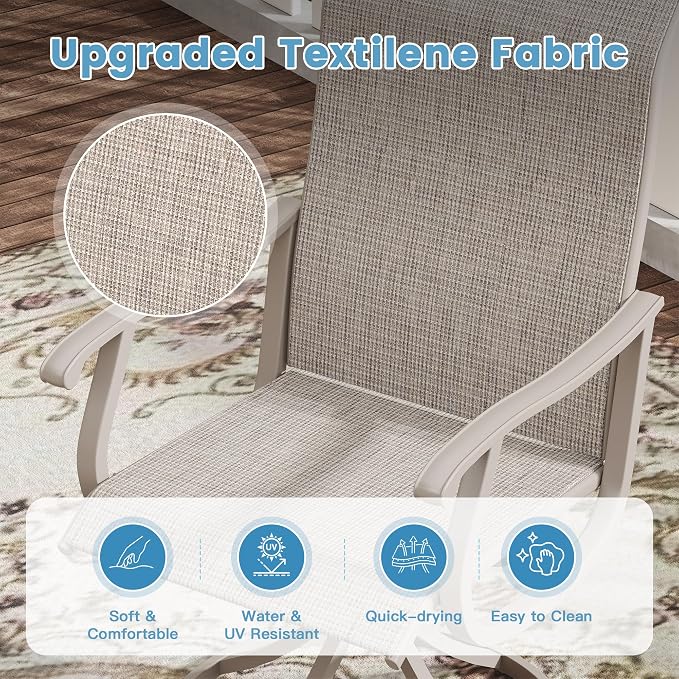 DIFY Outdoor Dining Set for 6, 7 Piece Patio Table and Chairs Set, Sandshell Textilene Swivel Patio Chairs & 63" Grey Wood-Like Rectangle Metal Dining Table with Umbrella Hole, for Garden Backyard