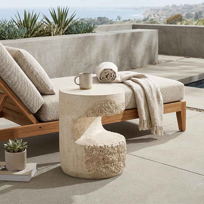 Christopher Knight Home Skye Round MGO Outdoor Side Table With Hollow Cylindrical Design, Square Accent Table with Stone-Like Texture, Weather Resistant Small End Table for Indoor/Outdoor Usage, Beige