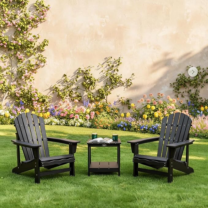 Adirondack Square Outdoor Side Table, 2-Tier Patio Side Table, HDPS End Tables for Porch, Deck, Backyard, Garden, Poolside, Beach, Easy Assembly, Black