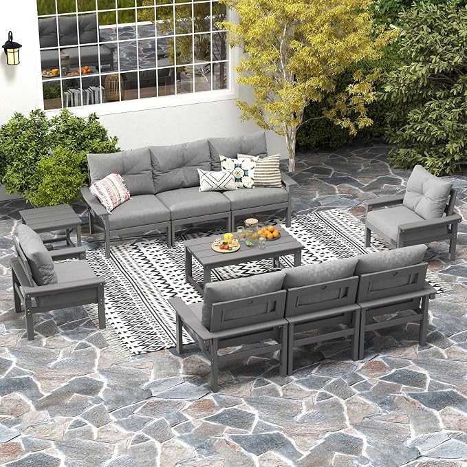HDPE Outdoor Patio Furniture Set, 6-Piece Patio Conversation Sets with Coffee Table & Side Table & Grey Washable Thick Cushions, Outdoor Sofa for Balcony, Porch, Poolside (Grey Frame)