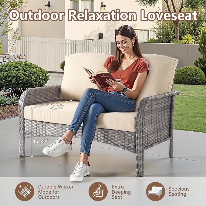 6 PCS Outdoor Patio Furniture Set with Glass Table, All-Weather Rattan Wicker Outdoor Conversation Set with Thickened Cushions for Balcony Backyard Garden Lawn,Beige