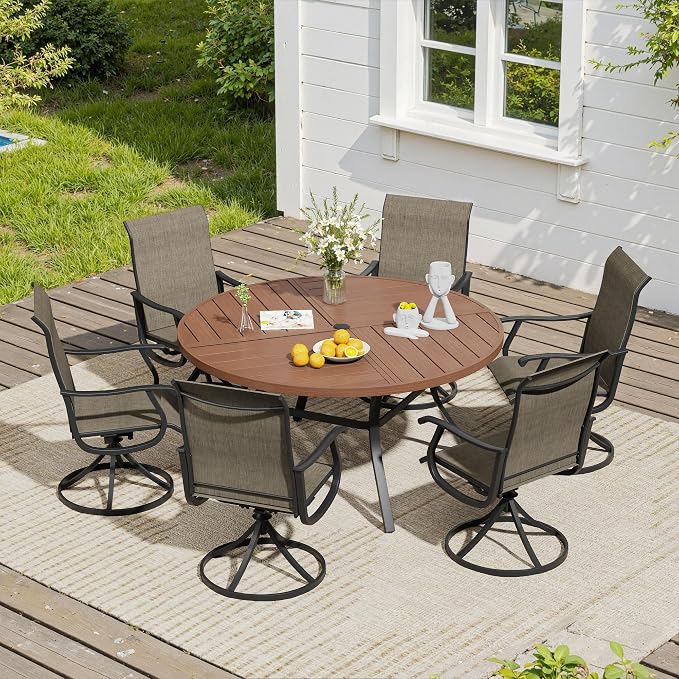VICLLAX 7 Pieces Patio Dining Set, Patio Furniture Set of 6 Patio Swivel Dining Chairs and 50" Patio Spliced Round Tabletop, Mixed Brown Chairs & Walnut Tabletop