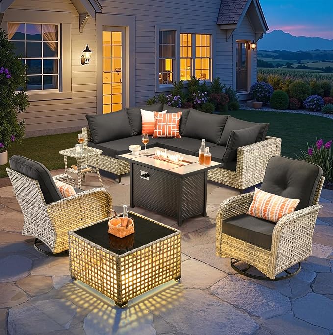 CAODOC 9-Piece Outdoor Sectional Sofa Set w/ 42" Fire Pit – L-Shaped Wicker Patio Furniture, Deep Seating & Swivel Rockers,Black