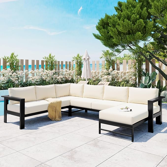 JIVOIT Multi-Person Outdoor Sofa Set, U-Shaped Aluminum Outdoor Sofa Set with Thick Cushions and Backrests, Modular Patio Sofa Set for Gardens, Backyards, and Balconies (White * 069)