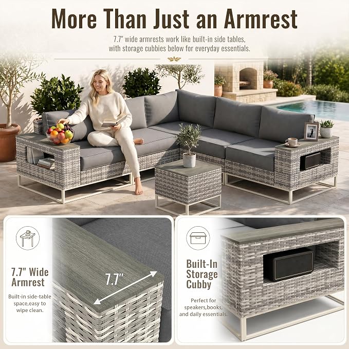 6-Piece Outdoor Patio Furniture Set, Modern PE Wicker Outdoor Sectional Sofa with Storage Armrests & 5.5" Thick Cushions, L-Shaped Couch for Deck, Porch, Backyard, Charcoal Gray