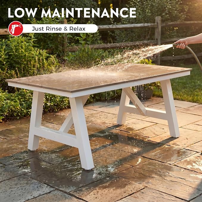 Costaelm Outdoor Dining Tables for Patio, 72" Rectangle 6-Person HDPE Dining Table with Umbrella Hole and Metal Frame for Outside, Garden, Poolside, Backyard, Porch, Balcony, Weathered Wood