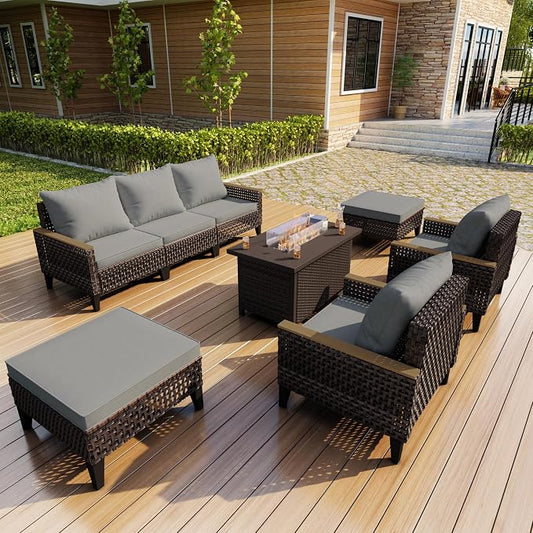 8 Pieces Patio Conversation Sets, Outdoor Furniture Set with Fire Pit Table, Wicker Rattan Sectional Modular Sofa Seating Set for Porch, Poolside, Deck, Balcony, Backyard, Yard, Garden (Gray Cushions)