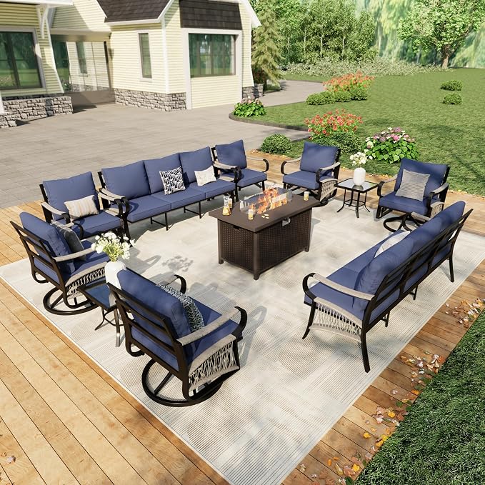 11 Pieces Patio Furniture Set, Metal Outdoor Conversation Sets with Fire Pit Table and Swivel Chairs for Backyard Garden Deck Porch Poolside (Thick Blue Cushions)