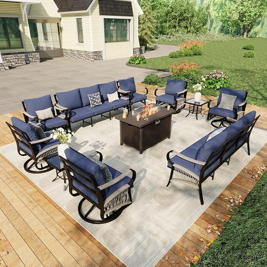 11 Pieces Patio Furniture Set, Metal Outdoor Conversation Sets with Fire Pit Table and Swivel Chairs for Backyard Garden Deck Porch Poolside (Thick Blue Cushions)
