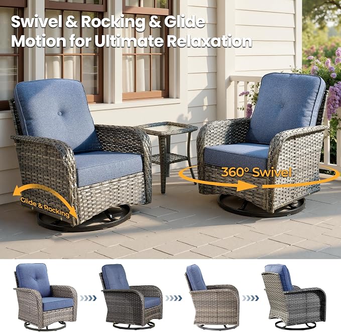 8 Piece Wicker Patio Furniture Set with Swivel Chairs, Denim Blue | 4 Swivel Rocker Chairs, High Back Loveseat Sofa, Coffee Table, Rattan Outdoor Conversation Set, Porch Deck Backyard Poolside